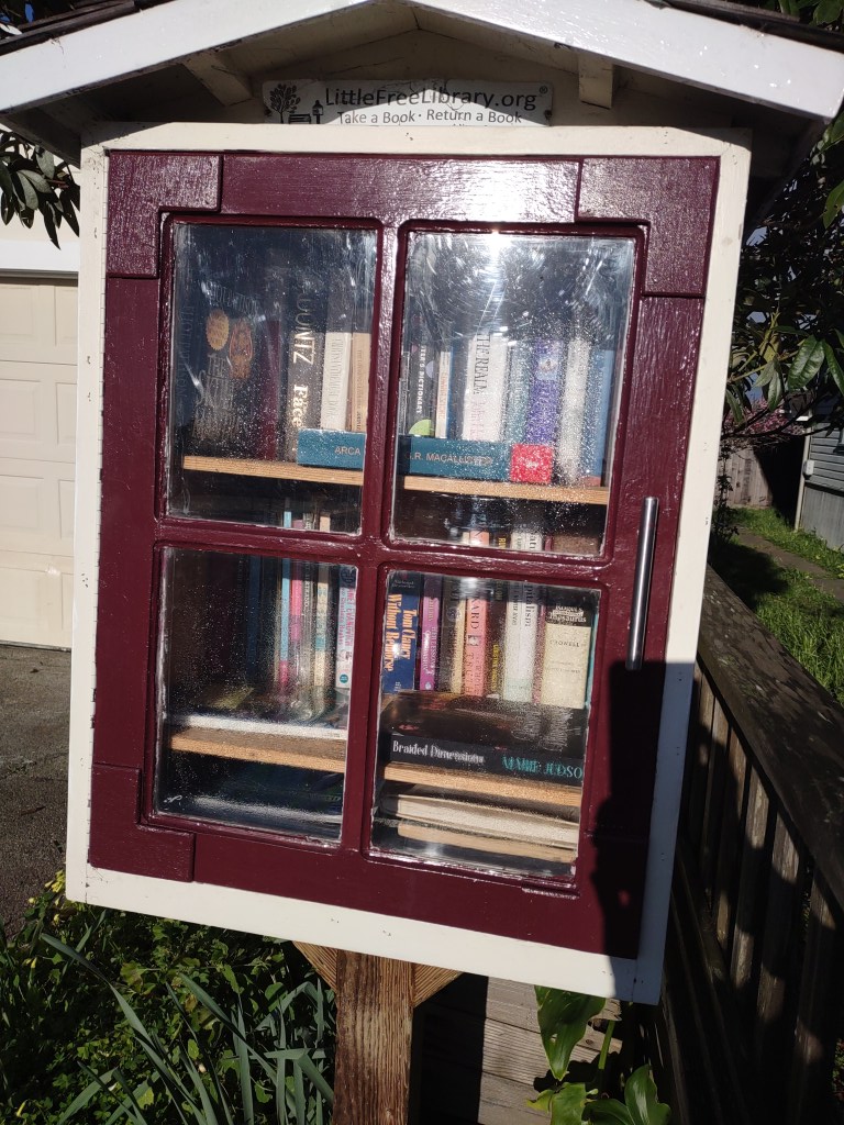 Tiny free library on Harold Street near the middle school, Fort Bragg (Pomo Bluffs in the Braided Dimensions Series) 