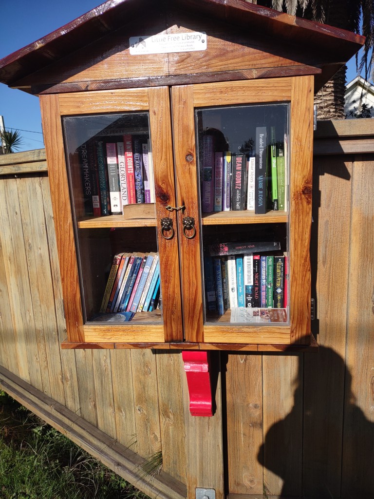 Tiny free library on S. Harold Street, Fort Bragg (mentioned in the Braided Dimensions Series) 